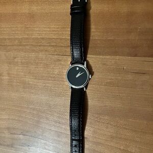 Movado Silver Case Watch with Black Leather Strap